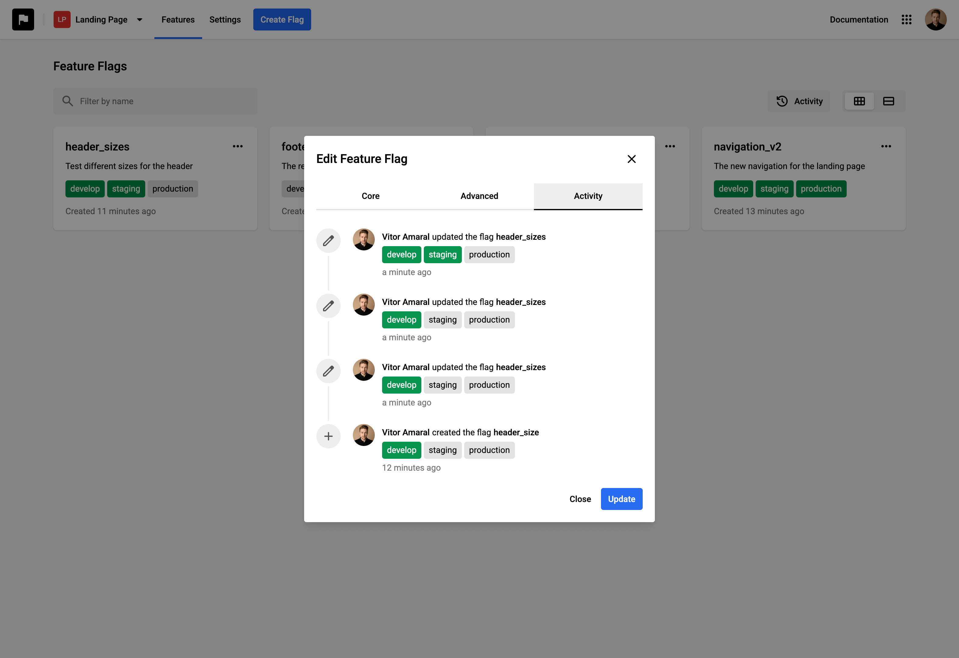 A feature flag dashboard with clear, concise data and easy-to-use management controls.