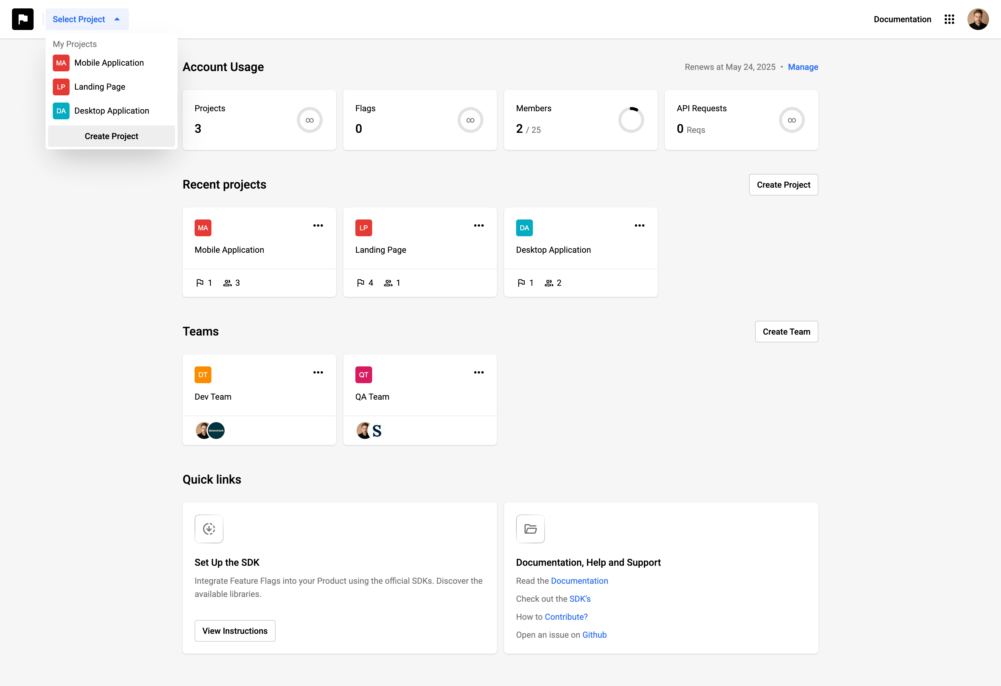 A control panel showing multiple projects and environments with intuitive feature flag management controls.