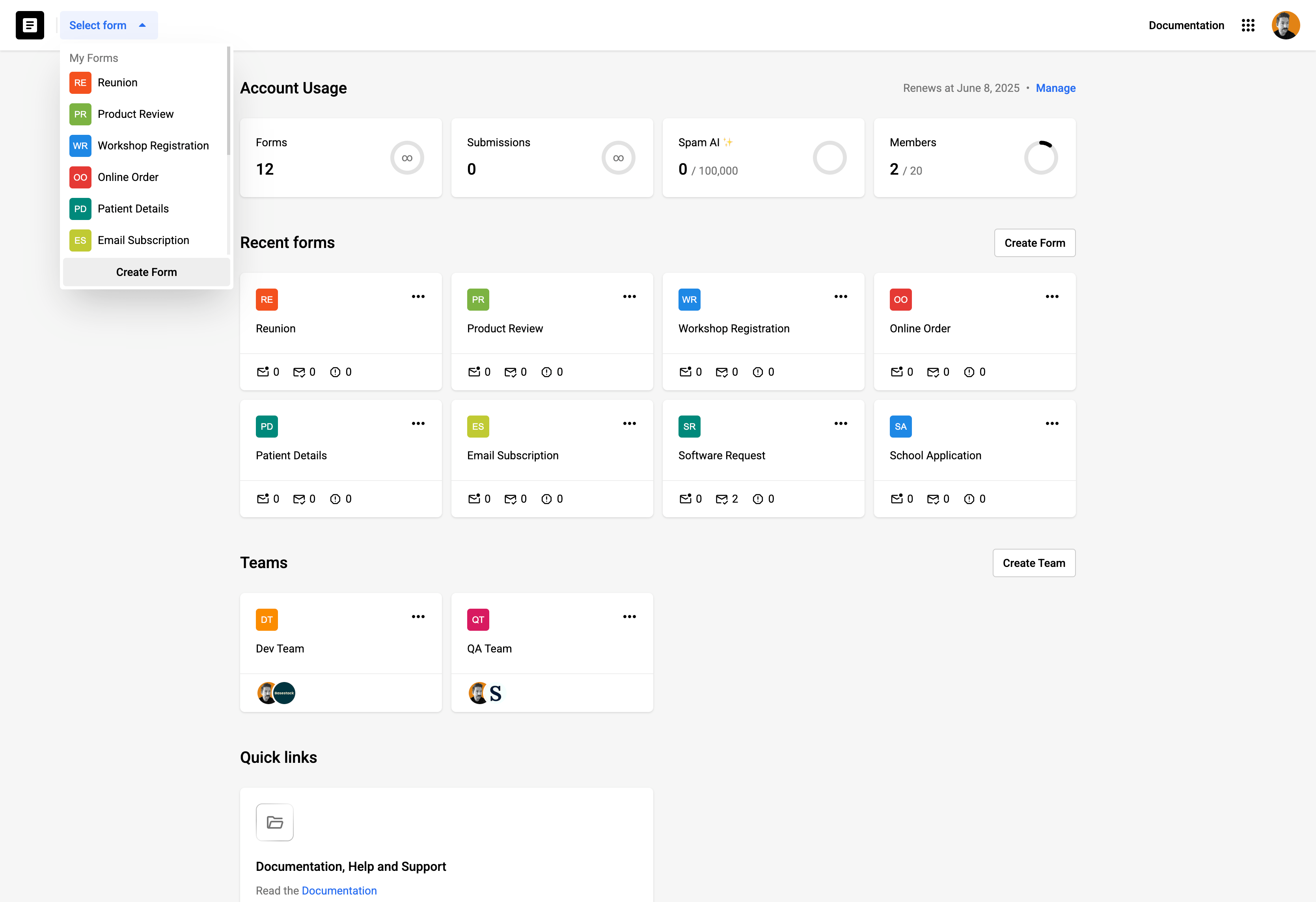 Screenshot of the Basestack Forms dashboard showing a list of forms.