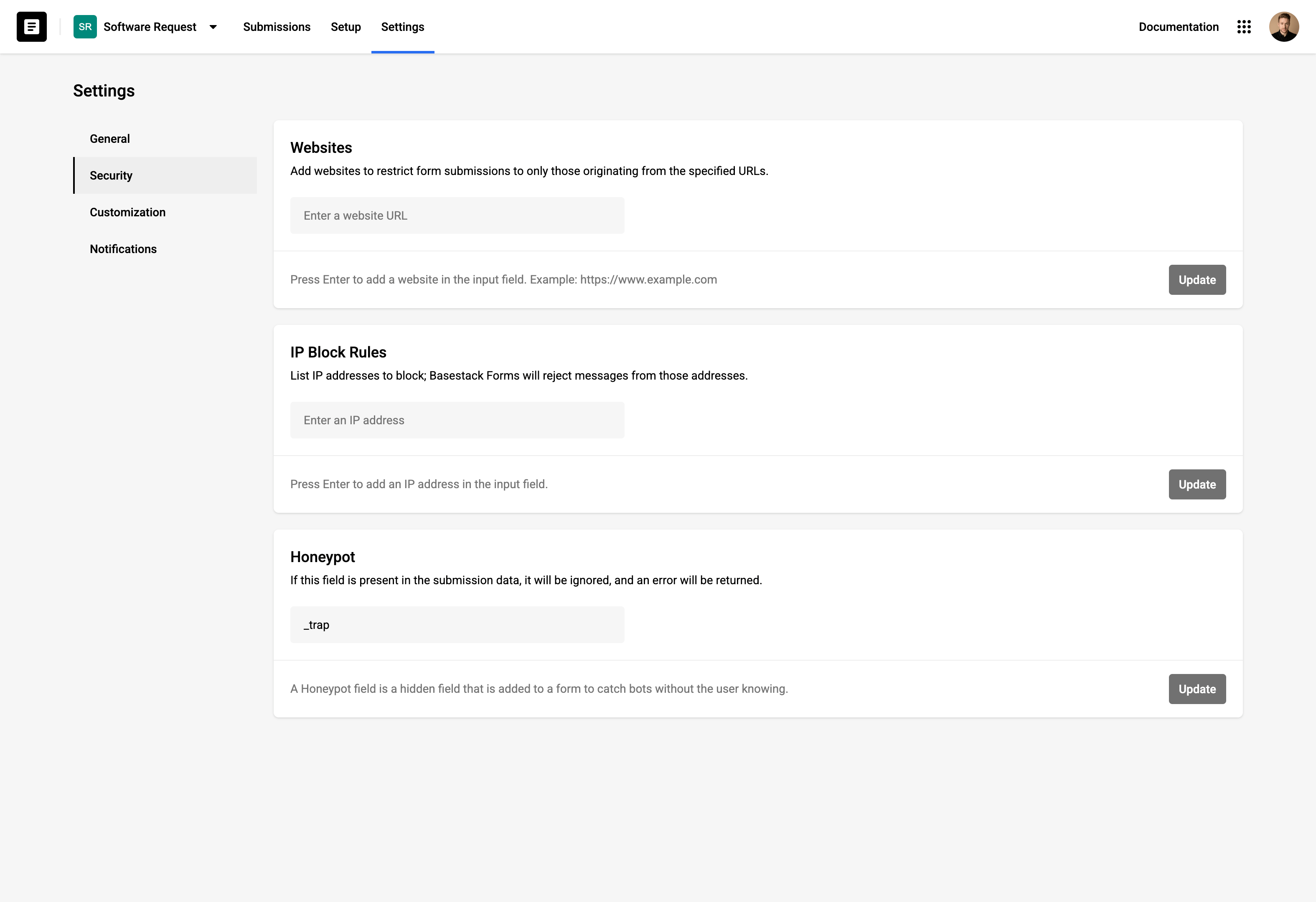 Visual showing security settings applied to a form.