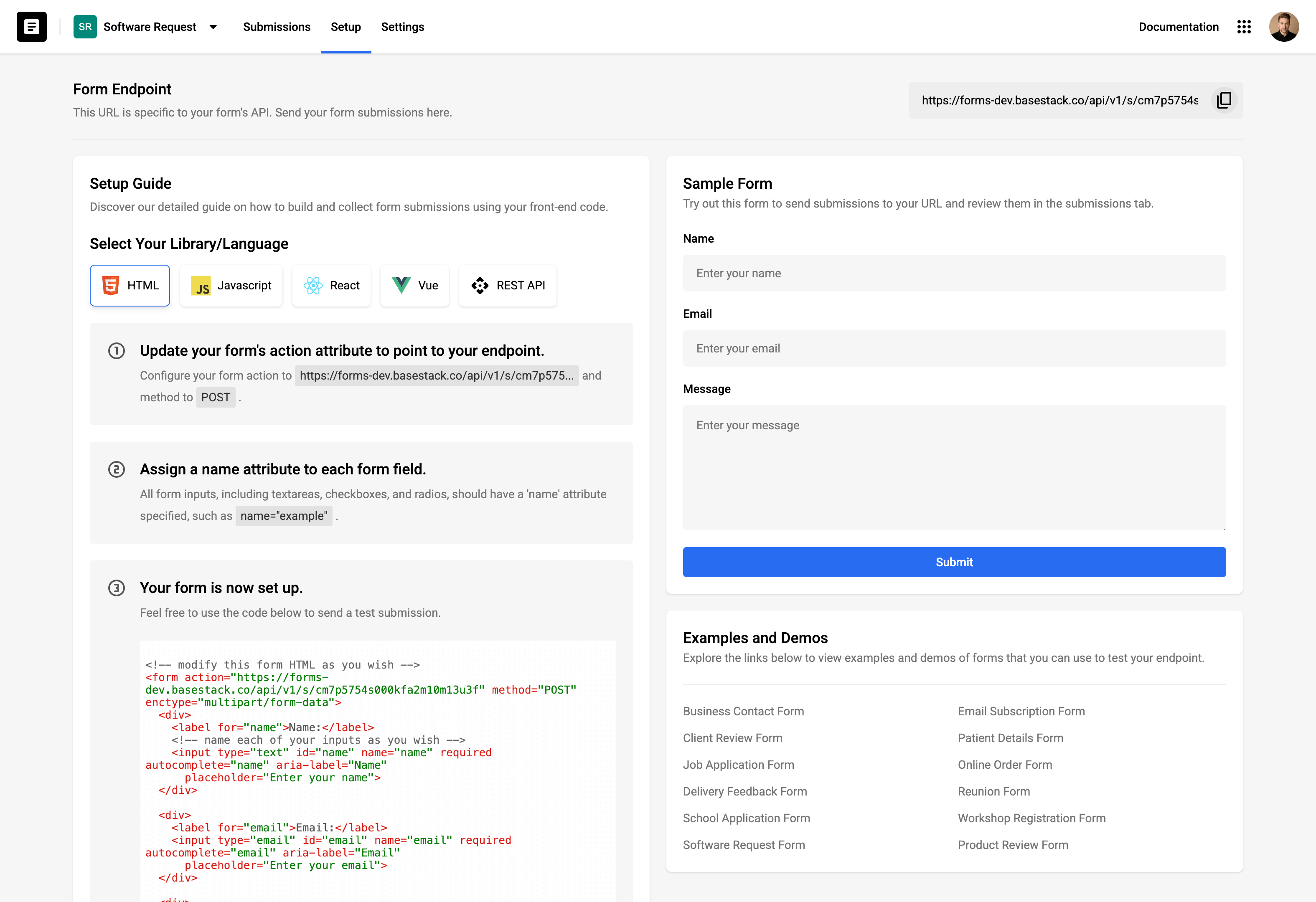 Illustration demonstrating the quick setup of Basestack Forms.